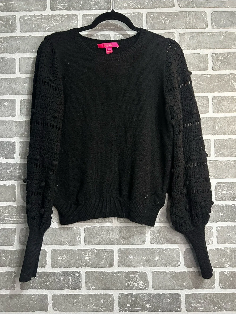 Lilly Pulitzer Black Pom Pom Sleeve Sweater Women L Crochet Balloon Sleeve Knit